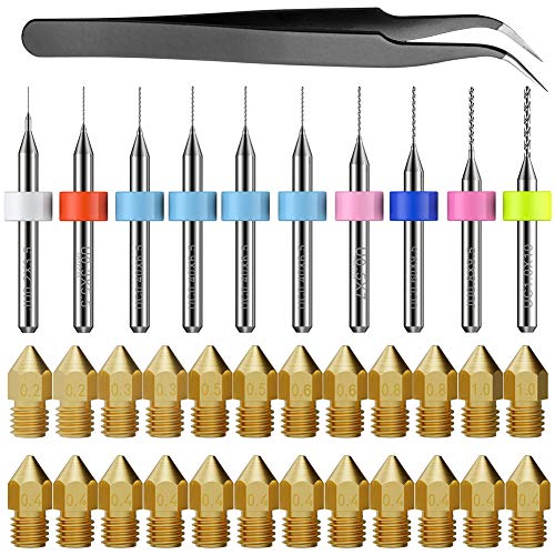 PChero 24pcs MK8 3D Druckerdüsen 0,2 mm, 0,3 mm, 0,4 mm, 0,5 mm, 0,6 mm, 0,8 mm, 1,0 mm und 10pcs Reinigung Bohrer, mit Pinzette, Aufbewahrungsbox für MK8 Makerbot Reprap Creality CR-10 3D Drucker von PChero