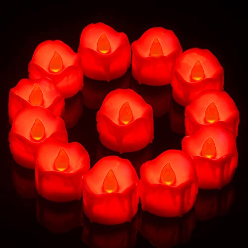 PChero LED Rote Teelichter, 12Stk Batteriebetriebene Timer Teelichter Flackernde Kerzen mit Tropfendem Wachs-Design für Hochzeit Datum Dekoration - Rote von PChero