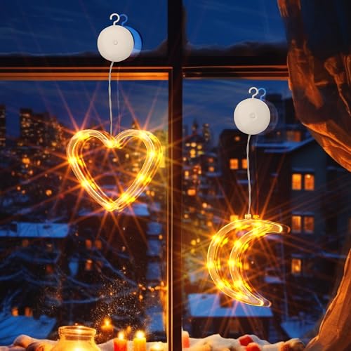 PChero Lichterkette Fenster Innen, LED Fenster Mond Herz Beleuchtung Fensterlicht Batteriebetriebene mit Saugnäpfe für Valentinstag Weihnachten Party Hochzeit Deko von PChero
