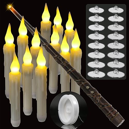 PChero Schwimmkerzen mit Zauberstab Fernbedienung, 12 Stück LED Flammenlose Flackernde Stabkerzen Batteriebetrieben Harry Potter Floating Candles für Halloween Xmas Party Heimat Dekoration – Warmweiß von PChero