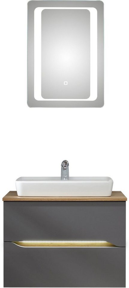 Saphir Badmöbel-Set Quickset 2-teilig, Keramik-Aufsatzbecken mit LED-Spiegel, (5-St), Waschplatz 73 cm breit, inkl. Türdämpfer, 2 Schubladen von Saphir