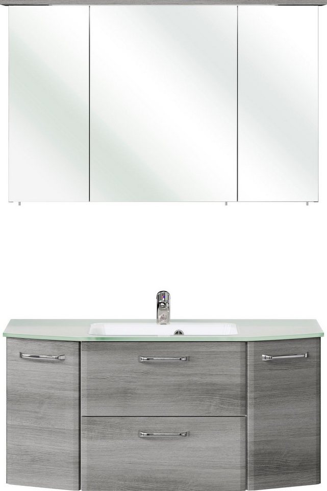 Saphir Badmöbel-Set Quickset 2-teilig, Glaswaschtisch mit LED-Spiegelschrank, 115 cm breit, (2-St), Badezimmer Set inkl. Türdämpfer, 5 Türen, 1 Klappe, 1 Schublade von Saphir