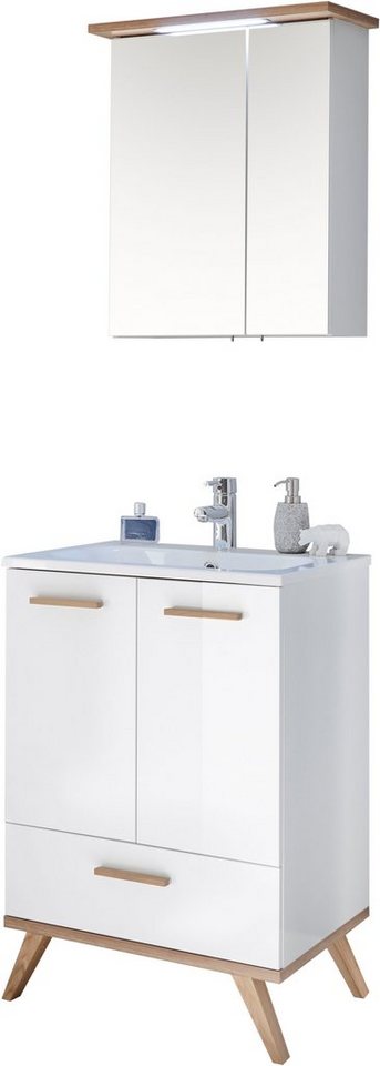 Saphir Badmöbel-Set Quickset 2-teilig, Mineralmarmor-Waschtisch und LED-Spiegelschrank, (2-St), Waschplatz 61 cm breit, 4 Türen, 1 Schublade, 2 Einlegeböden, Bad-Set von Saphir