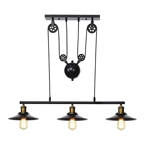 Industrielle Vintage Deckenleuchte Pendelleuchte, Retro Einstellbare Rise und Low Pulley Pendelleuchte E27 3 Lichter Antike Metall Pendelleuchte für Wohnzimmer Küche Bar Halle Esszimmer von PETITES ECREVISSES