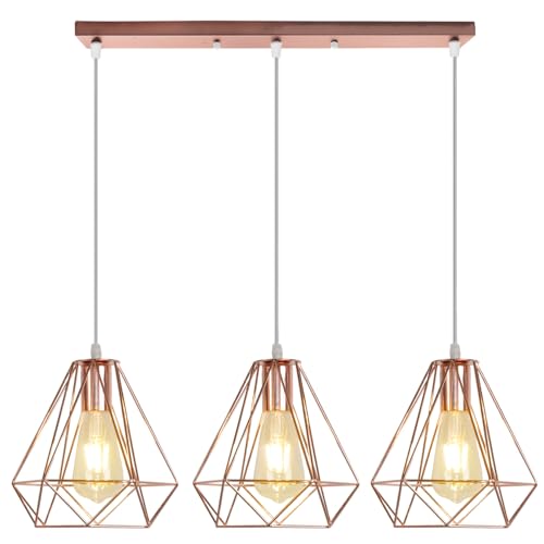 PETITES ECREVISSES Hängeleuchte Industrial Design Diamant Pendelleuchte Prismatische Lampenschirm Vintage Lampe Deckenleuchte LED Ideal für Esszimmer Wohnzimmer Restaurant (3 flammig - mit Balken) von PETITES ECREVISSES