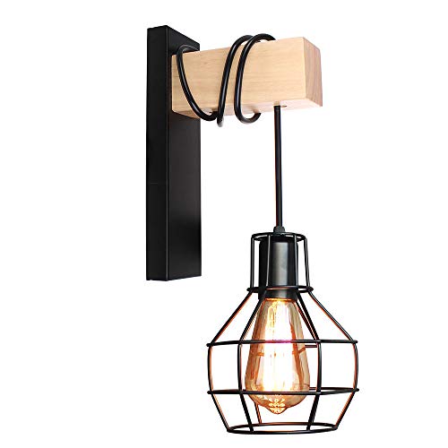 PETITES ECREVISSES Retro Wandleuchten Industrial Innen Wandlampe Vintage Schwarz E27 Deckenleuchte aus Metall mit Holz Pendelleuchte Design für Schlafzimmer Wohnzimmer Küche Flur (A, 1 Stück) von PETITES ECREVISSES