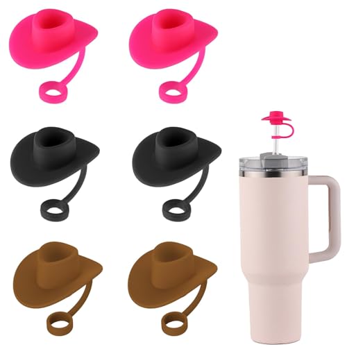 6stk Cowgirl-Hut-Strohabdeckung, Cowboy Silikon-Strohaufsätze für 6-10mm Strohhalme Wiederverwendbare Strohspitzenkappe Dekoratives Becherzubehör für Stanley Tumbler 40oz 30oz (3 Farben) von PEUTIER