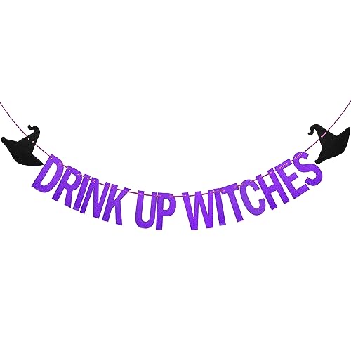 Drink Up Witches Banner, Vormontiert Drink Up Witches Schild Glitzernd Halloween Hexenbanner Halloween Deko Banner Spukhaus Partyzubehör zur Dekoration (Lila) von PEUTIER