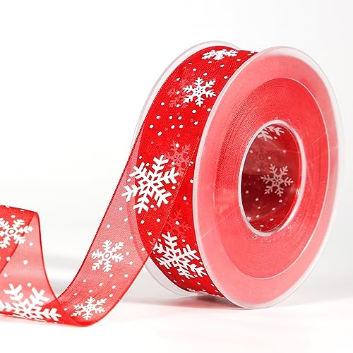 Weihnachtsband, 20m x 25mm Rotes Schneeflocken Band Weihnachts Band zum Basteln Verpacken von Geschenken Winterurlaub Weihnachtsdekoration von PEUTIER
