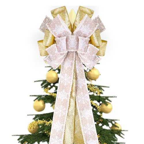 Weihnachtsbaum Schleifen Groß, 120x30cm Champagner Weihnachtsbaumspitze Gold Schleife Glitzernd Goldene Weihnachtsdekoration für Weihnachtsbäume Haustür Wand Kränze Drinnen und Draußen von PEUTIER