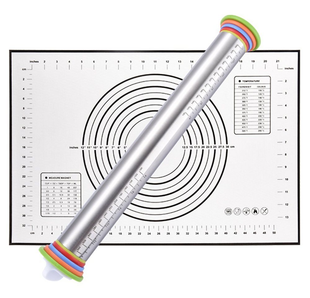 PFCTART Backmatte Nudelholz (einstellbare Dicke) plus Backmatte aus Silikon, (2-tlg), Nudelholz aus Edelstahl von PFCTART