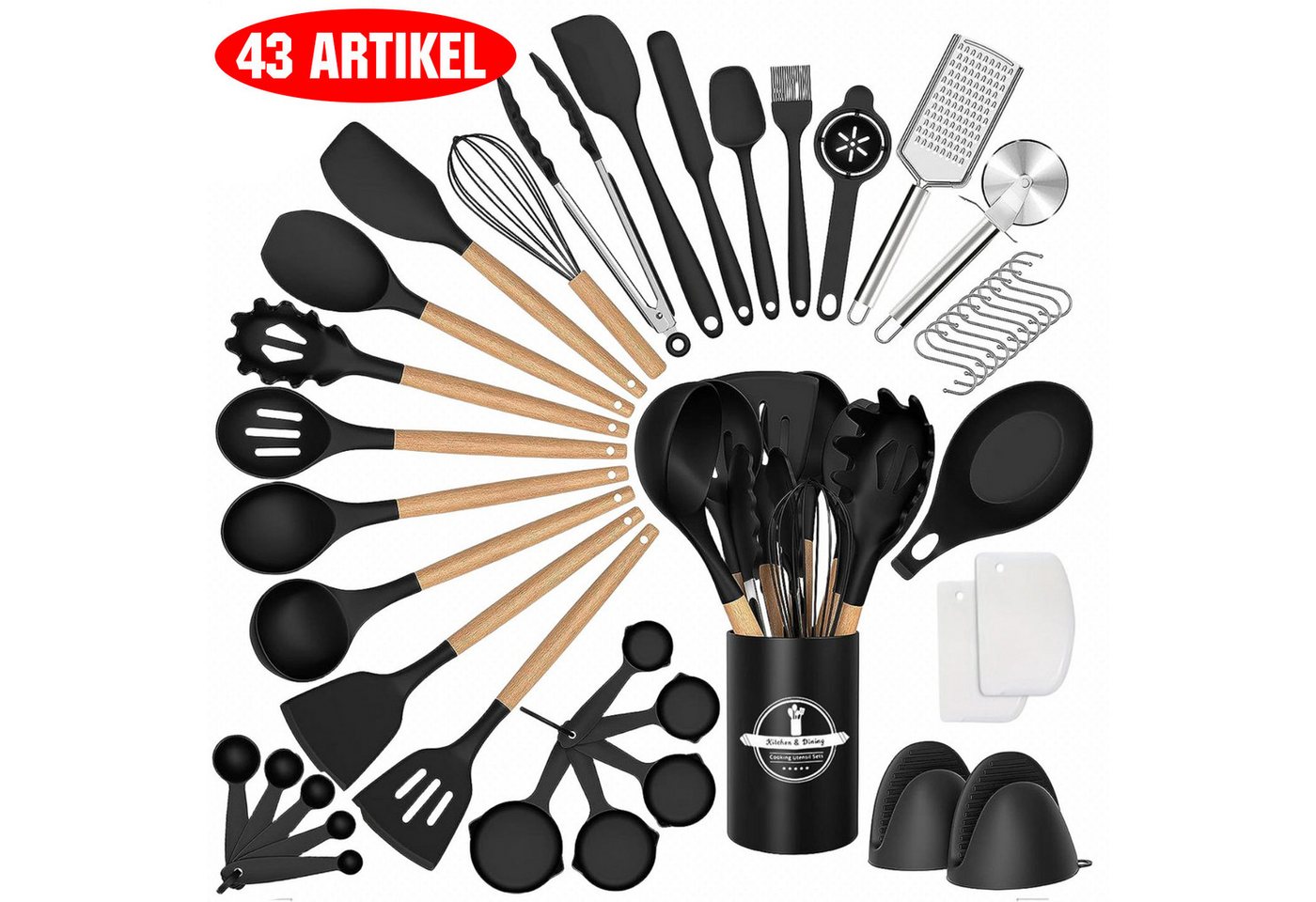 PFCTART Kochbesteck-Set 43 Stück Antihaft Hitzebeständige Silikon Kochutensilien Set (mit Holzgriff zum Backen Kochen und Mische), Beste Küchenutensilien mit Halter von PFCTART