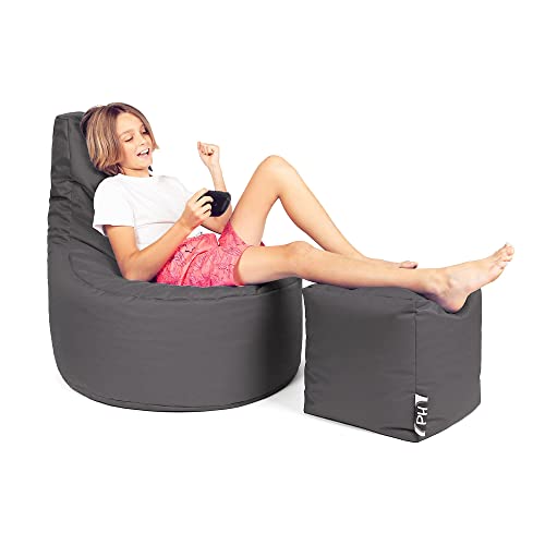 PATCH HOME Patchhome Gamer Kissen Lounge Kissen Sitzsack Sessel Sitzkissen Bean Bag + Würfel/Hocker mit Reißverschluss bereits befüllt (Anthrazit, XXL - Ø80cm Sessel + 35x35cm Würfel) von PATCH HOME