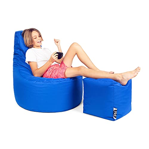 PATCH HOME Patchhome Gamer Kissen Lounge Kissen Sitzsack Sessel Sitzkissen Bean Bag + Würfel/Hocker mit Reißverschluss bereits befüllt (Blue, XXL - Ø80cm Sessel + 35x35cm Würfel) von PATCH HOME