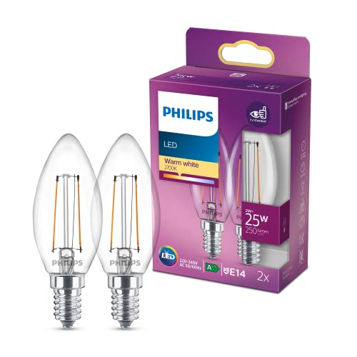 Philips LED Classic E14 Lampe, 25 W, Kerzenform, klar, warmweiß, Doppelpack von Philips Lighting