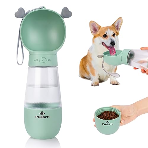 Philorn Trinkflasche Hunde für Unterwegs 350ml Hundetrinkflasche,Tragbare Hunde Trinkflasche, Katze Haustier Wasserflasche mit 200 ml Hundefutter Becher zum Wandern Reisen, BPA-frei,100% Auslaufsicher von Philorn