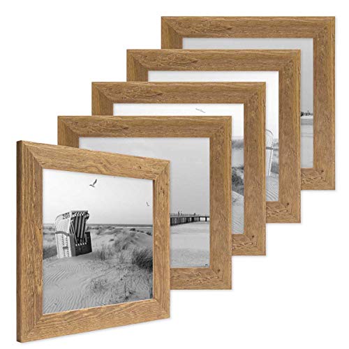 Bilderrahmen 15x15 cm Holz Eiche-Optik, 5er Set Echtholz-Rahmen rustikal, Strandhaus, Made in Germany, Echtglas, zum Aufhängen & Aufstellen, extra Zubehör - Treibholzlook mit einem Hauch Küstenflair von PHOTOLINI