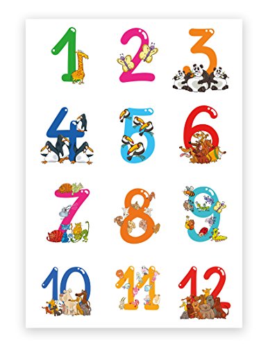 Hochwertiges Lernposter für Kinder Tierische Zahlen, 50 cm breit x 70 cm hoch, Dekoration, Kunstdruck, Wandbild, Fineartprint, Wandposter Poster für Kinderzimmer, Zahlenposter, Zählen lernen Poster von Deqosy