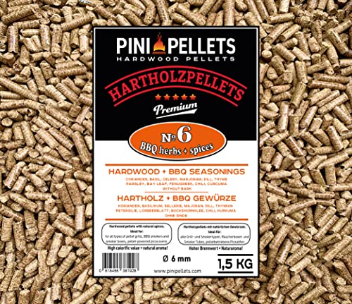 PINI Hartholz Pellets mit Gewürzen № 6 BBQ Gewürze 1,5 Kg zum Grillen Räuchern Smoken von PINI