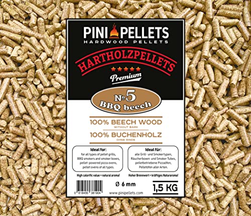 PINI Hartholzpellets 100% Buche № 5 BBQ Beech 1,5 Kg Grillpellets zum Grillen Räuchern Smoken und für Pizzaofen von PINI