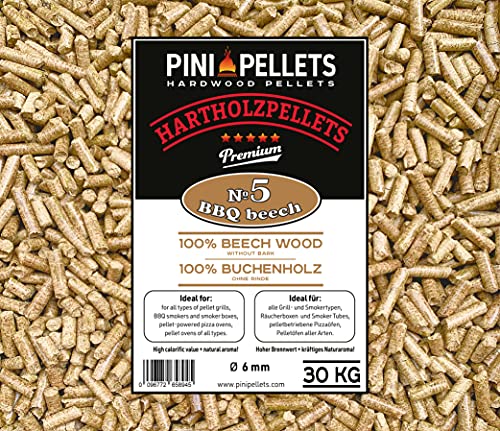 PINI Hartholzpellets 100% Buche № 5 BBQ Beech 30 Kg Grillpellets zum Grillen Räuchern Smoken Heizen von PINI