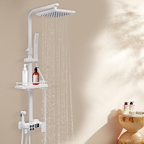 Duschsystem Weiß mit Thermostat Edelstahl Duschgarnitur mit Duscharmatur Regendusche mit Armatur und 4 Strahlarten Duschkopf Duschsäule Duschset von PIOJNYEN