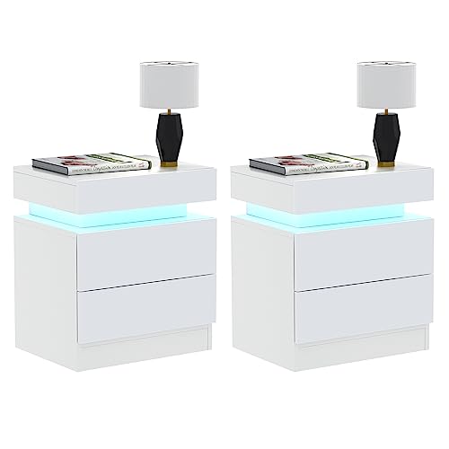 PIPIPOXER 2er Set Nachttisch LED mit 2 Schubladen, Nachttisch Weiß Hochglanz Nachtkommode Kommode mit LED Licht Nachtschrank Tisch, Nachtschrank 16 Farben Beistelltisch für Wohnzimmer, Schlafzimmer von PIPIPOXER