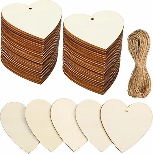 PIQIUQIU 50 Stück Holzherzen Scheiben Deko mit Löchern 8cm Holz Herzen Unbehandelt Holzherzen Deko für Hochzeit, zum Basteln, Geschenkanhänger von PIQIUQIU