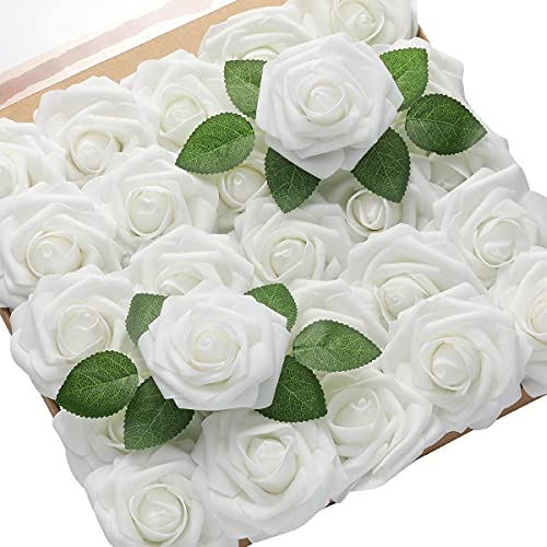 PIQIUQIU 25 Stück Künstliche Blumen Rosen Kunstblumen Rosenköpfe Gefälschte für Geburtstagsdeko, Hochzeitsdeko, Party Deko (Weiß) von PIQIUQIU