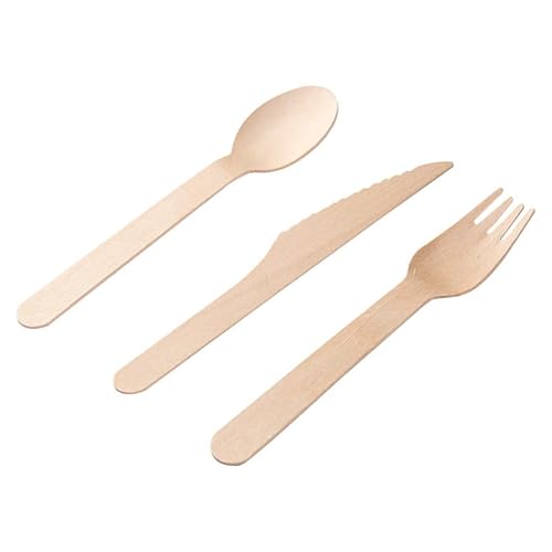 PIQIUQIU Einwegbesteck Holzbesteck Set, aus Holz 100% biologisch abbaubar Holzbesteck 150 Stück (50 Holzmesser, 50 Holzgabeln, 50 Holzlöffel) von PIQIUQIU