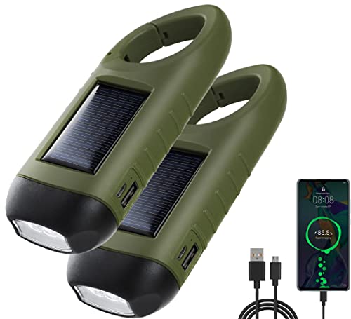 PKKP Handkurbel Wiederaufladbare Taschenlampe, 2PCS Solar LED Taschenlampe mit Powerbank, Dynamo Taschenlampe USB Aufladbar mit Wandern Schnalle, Taschenlampe Kurbel für Notfall/Outdoor/Camping von PKKP