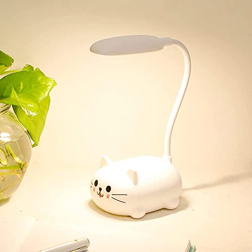 PKKP Schreibtischlampe Kinder, Kawaii Katzen Tischlampe mit USB Aufladung Akku, Faltbar Mini Nachttischlampe LED Augenfreundlich Leselampe Geschenk für Junge, Mädchen,Freudi (Weiss) von PKKP