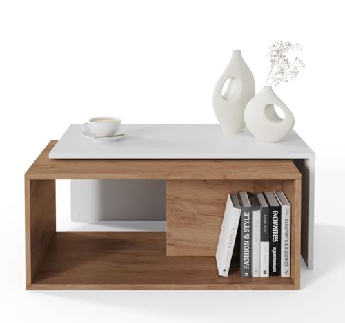 PLATAN ROOM Couchtisch Kaffeetisch 2er Set 90x48x40 cm, moderner Wohnzimmertisch, Sofatisch mit Stauraum, Satztisch (Weiß/Eiche) von PLATAN ROOM