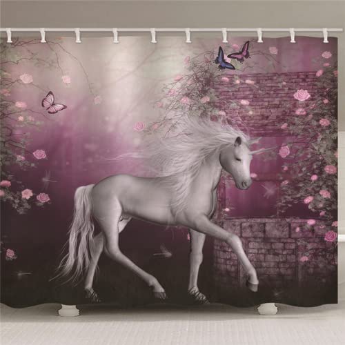 PLEETS Duschvorhang 180x200 cm Weißes Einhorn Duschvorhang Anti Schimmel Digitaldruck Polyester Wasserdichter Duschvorhänge mit 12 Haken, Waschbar Badvorhänge von PLEETS