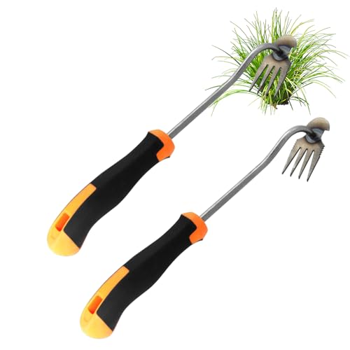 PLLYPE Gartenarbeit Hand Unkrautstecher, 2 Stück unkraut entferner gerät, Gartenrechen Unkrautjäter, Edelstahl Unkrautstecher Gartengeräte, Fugenkratzer Mit Stiel, 4 Zähne von PLLYPE