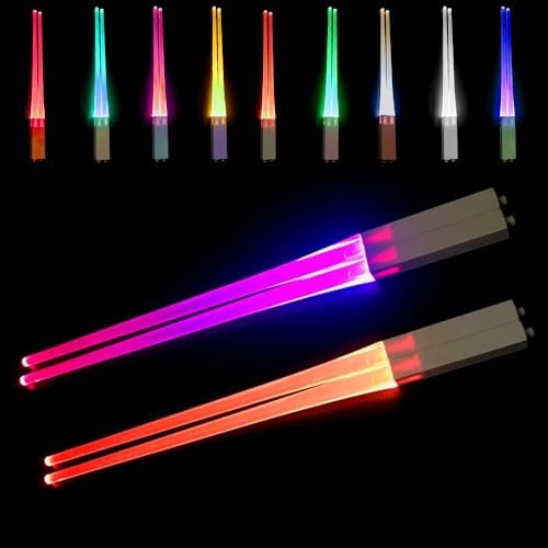 PLLYPE Leuchtende Essstäbchen, 2 Paar LED Lichtschwert Chopsticks BPA Frei, LED Essstäbchen Leuchtende mit 9 Farbmodi, Lightsaber Chopsticks Wiederverwendbar für Sushi Besteck Küchen Dinnerparty von PLLYPE