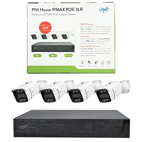 PNI House IPMAX POE 3LR Videoüberwachungskit, NVR mit 4 POE-Ports und 10 im Netzwerk, 4 Kameras mit 3MP, Outdoor, Power Over Ethernet, Gesichtserkennung, Bewegungserkennung von PNI