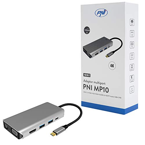 PNI Multiport-Adapter MP10 USB-C zu HDMI, VGA, 3 x USB 3.0, SD/TF, RJ45, Audio 3.5, USB-C PD, 10 Ausgänge von PNI