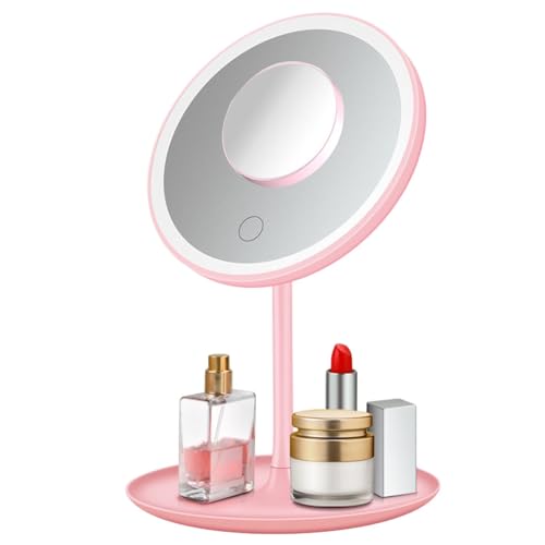 POHOVE Kosmetikspiegel mit Beleuchtung,1X / 5X Beleuchteter Kosmetikspiegel 90°Drehbar+USB Aufladbarer LED Schminkspiegel 3 Lichtfarben Dimmbar,Macaron Tischspiegel für Schminken und Rasieren,Rosa von POHOVE
