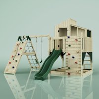 POLAR PLAY Outdoor Spielturm mit Wellenrutsche, Spielhaus aus Holz mit Kinderschaukel Kletterwand Kletternetz, Ausführung: Kinderschaukel - Grün von POLARPLAY