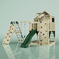 Polar play Outdoor Spielturm mit Wellenrutsche, Spielhaus aus Holz mit Kinderschaukel Kletterwand Kletternetz, Ausführung: Kinderschaukel - Grün von POLARPLAY