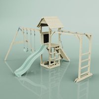 Rebo Klettergerüst aus Holz mit Wellenrutsche Outdoor Spielturm mit Doppel-Kinderschaukel, Hangelstangen, Plattform und Kletterseil - Kinderschaukel, von POLARPLAY