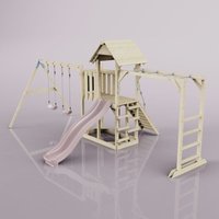 Rebo Klettergerüst aus Holz mit Wellenrutsche Outdoor Spielturm mit Doppel-Kinderschaukel, Hangelstangen, Plattform und Kletterseil - Kinderschaukel, von POLARPLAY