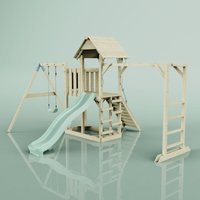 Rebo Klettergerüst aus Holz mit Wellenrutsche Outdoor Spielturm mit Kinderschaukel, Hangelstangen, Plattform und Kletterseil- Mintgrün - Grün von POLARPLAY