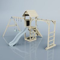 Rebo Klettergerüst aus Holz mit Wellenrutsche Outdoor Spielturm mit Kinderschaukel, Trapezstange, Hangelstangen, Plattform und Kletterseil von POLARPLAY