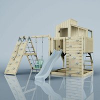 Rebo Outdoor Spielturm mit Wellenrutsche Spielhaus aus Holz mit Kinderschaukel, Kletterwand, Kletternetz, Ausführung: Babyschaukel, Farbe: Eisblau von POLARPLAY
