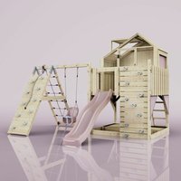Rebo Outdoor Spielturm mit Wellenrutsche Spielhaus aus Holz mit Kletterwand, Kletternetz, Ausführung: Babyschaukel, Farbe: Altrosa - Rosa von POLARPLAY