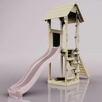 Rebo Spielturm aus Holz mit Wellenrutsche Outdoor Klettergerüst mit Plattform und Kleterseil- Altrosa - Rosa von POLARPLAY