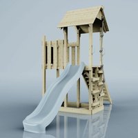 Rebo Spielturm aus Holz mit Wellenrutsche Outdoor Klettergerüst mit Plattform und Kleterseil- Eisblau - Blau von POLARPLAY