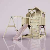 Rebo Spielturm mit Spielhaus inkl. Wellenrutsche und Kinder-Schaukel Outdoor Klettergerüst Garten, Ausführung: Kinderschaukel, Farbe: Altrosa - Rosa von POLARPLAY